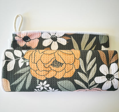 Dark Floral Microfiber Hair Towel